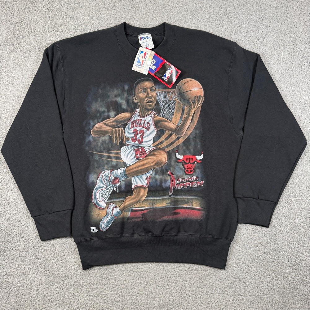 90s Pro Player Scottie Pippen Bulls Crewneck Mens M Black Deadstock Caricature